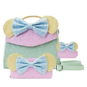 Loungefly LE Minnie Mouse Pastel Sequin Bundle Bag, Wallet, & Cardholder - NEW